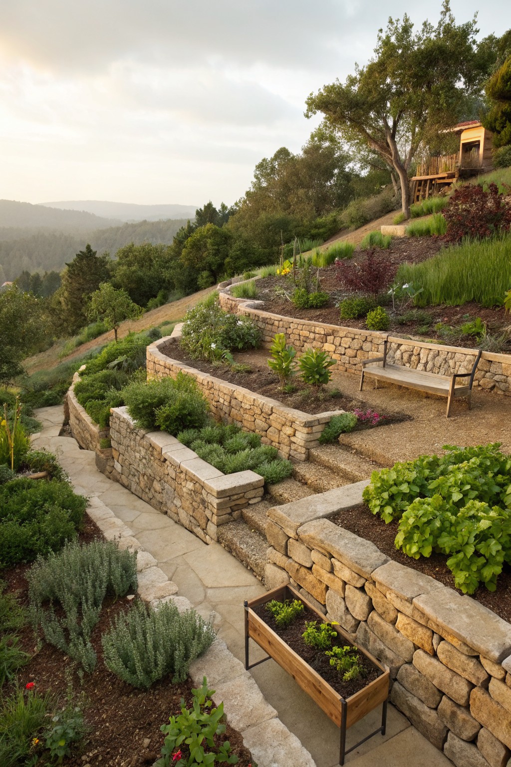 A hillside with multiple terraced dry-stacked stone retaining walls forming planting beds filled with shrubs and herbs, stone paths and steps connecting levels, wooden benches, and a small structure under trees, viewed at dusk with distant hills.
