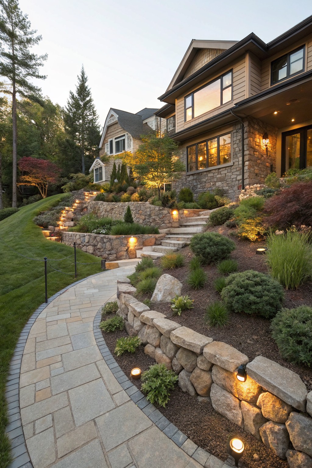 Sloped hillside with multiple dry-stacked stone retaining walls forming terraces, a curved paver pathway, stairs, shrubs, grasses, rocks, and low-voltage lights leading to a house.
