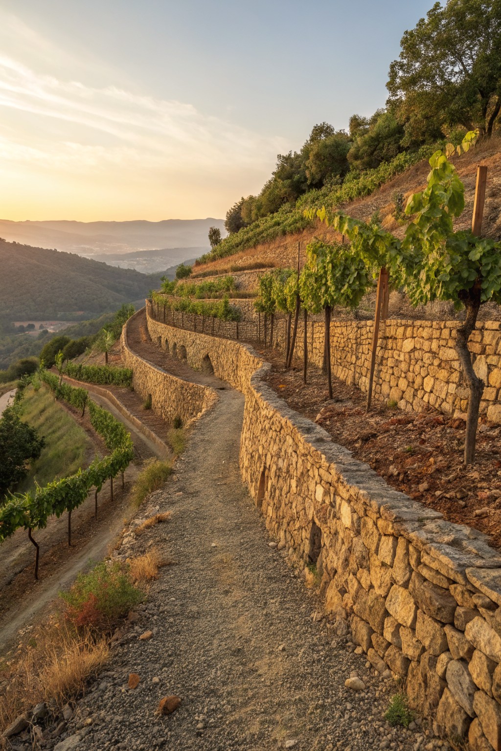 Terraced hillside vineyard with curved dry stone retaining walls supporting rows of grapevines and a gravel path running alongside at sunset.