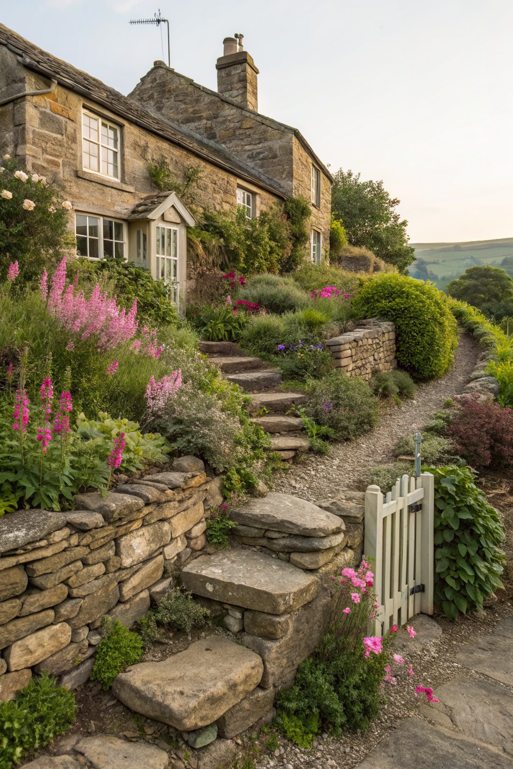 Stone cottage on a hillside with dry stone retaining walls, stone steps up the slope, gravel path with white gate, and borders of pink flowers and green plants.