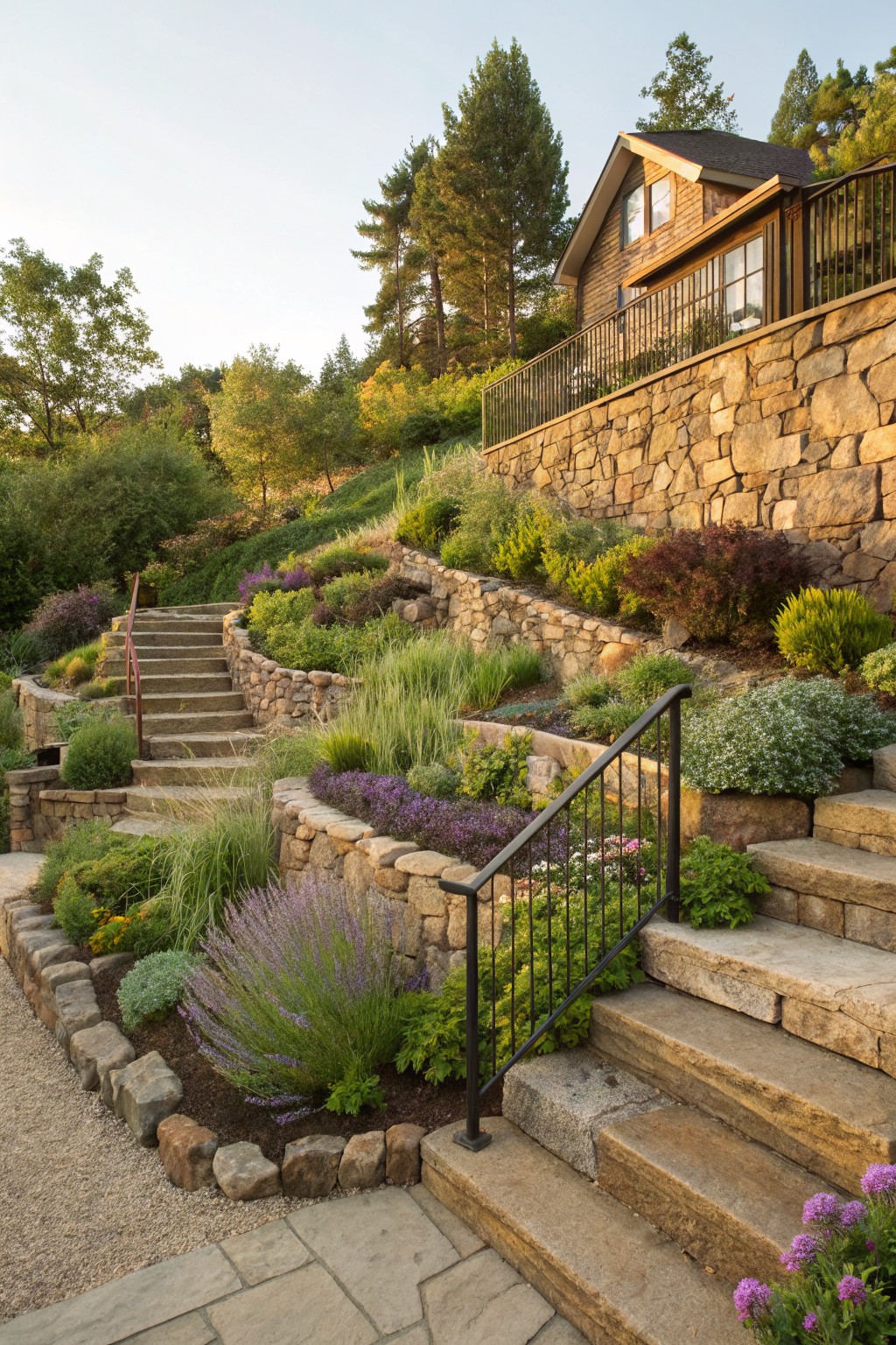 Sloped hillside with multiple terraced dry-stacked stone retaining walls planted with lavender, grasses, and shrubs, metal-railed stone stairs ascending to a wooden house amid trees.