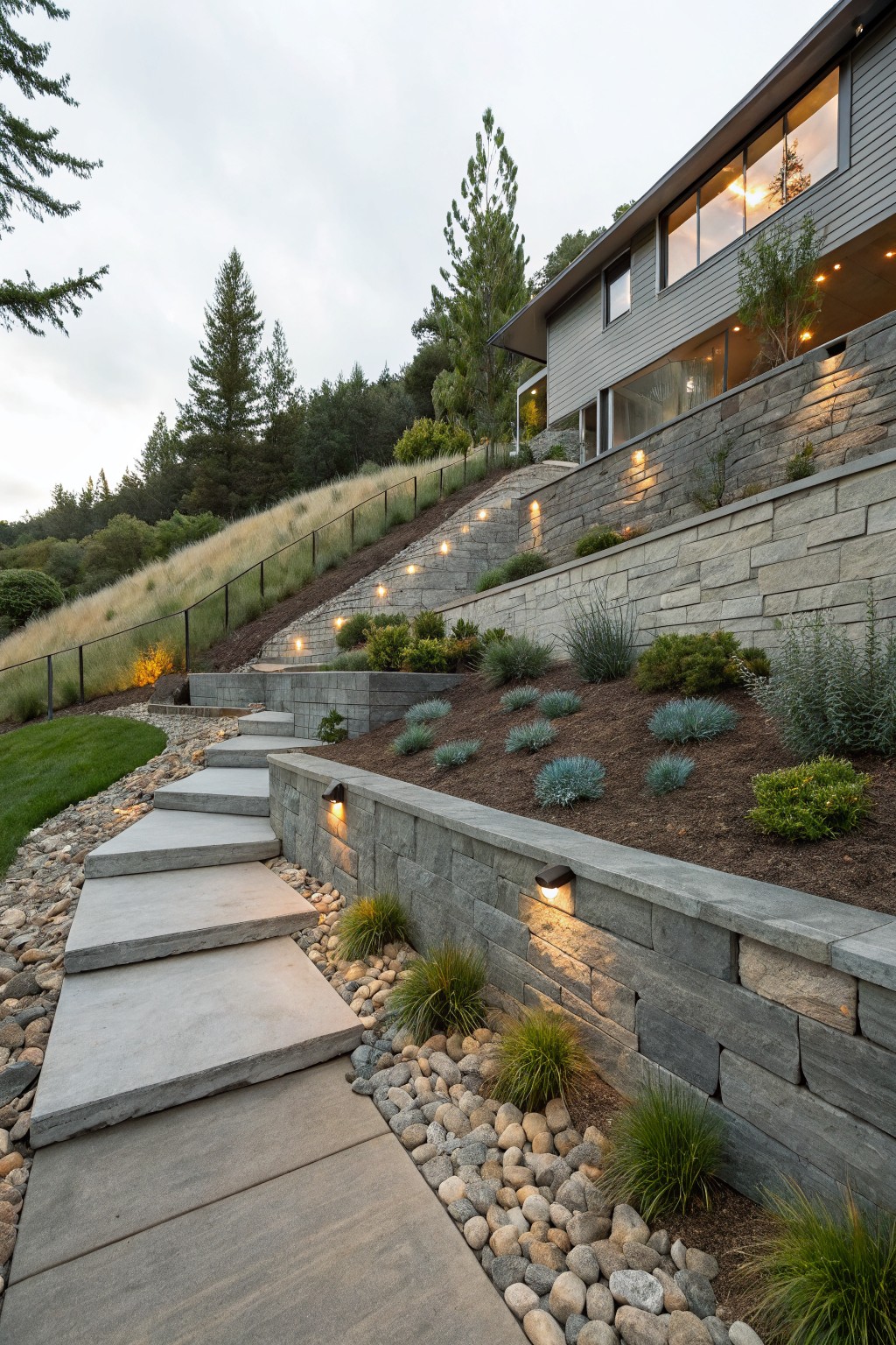 Sloped hillside with multi-tiered gray stone retaining walls, concrete steps, gravel paths lined with ornamental grasses and shrubs, integrated wall lights, and a modern house above.