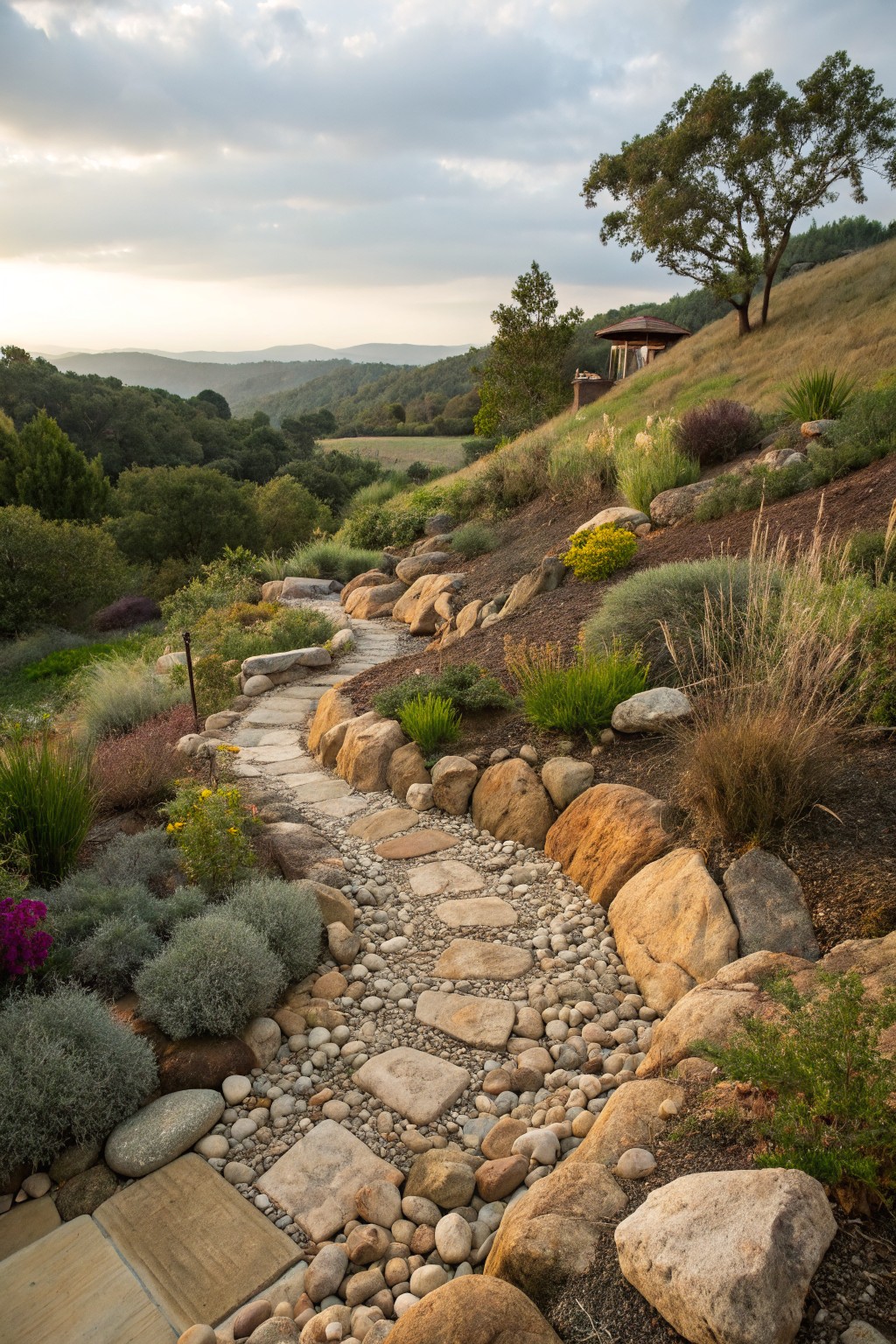 A curving flagstone path edged by large boulders and filled with gravel winds up a vegetated hillside with grasses, shrubs, and distant rolling hills under a cloudy sky.