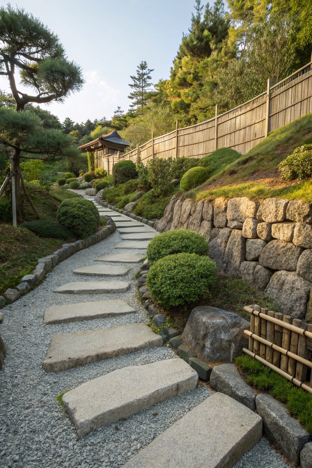 A gravel path with large irregular gray stone slabs as steps winds up a green hillside, retained by stacked boulder walls, bordered by clipped shrubs, pines, and a wooden fence with a small pagoda-style structure visible above.
