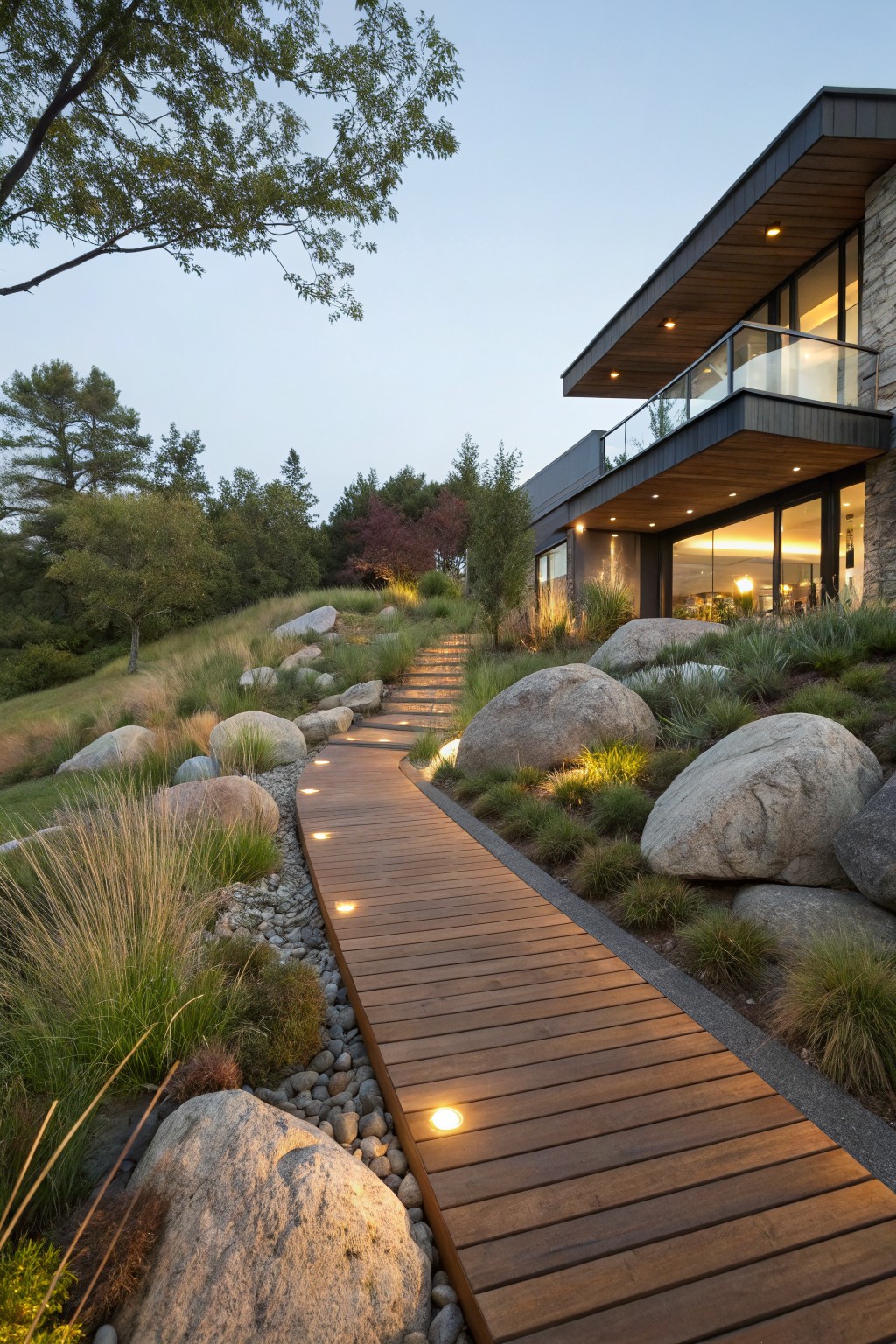 A lighted wooden boardwalk path curves through large boulders and ornamental grasses on a hillside leading to a modern house with stone and glass exterior.