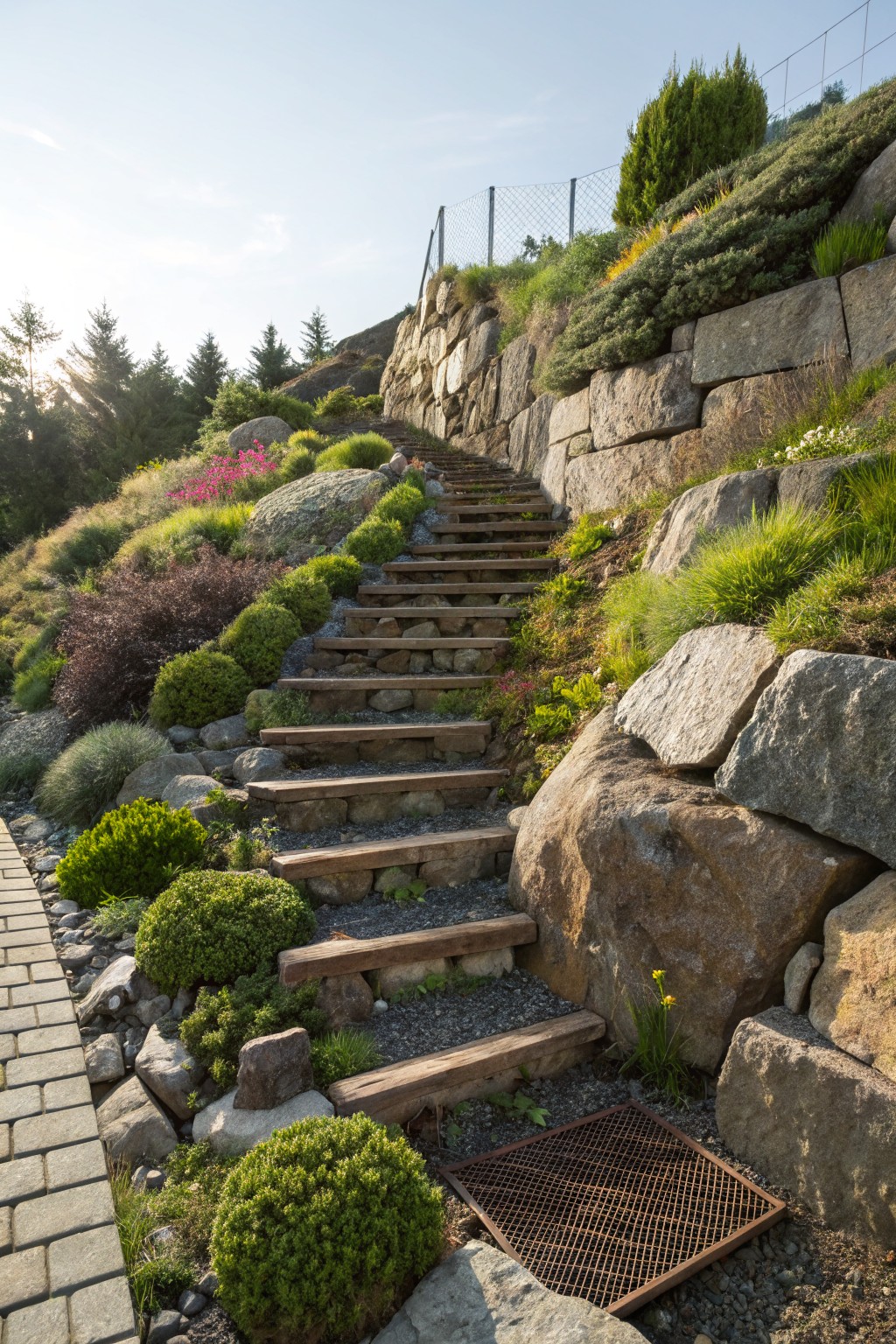 Wooden staircase with stone treads ascends a steep rocky slope retained by large boulder walls, surrounded by shrubs, grasses, and plants, with gravel fill and a metal grate at the base.