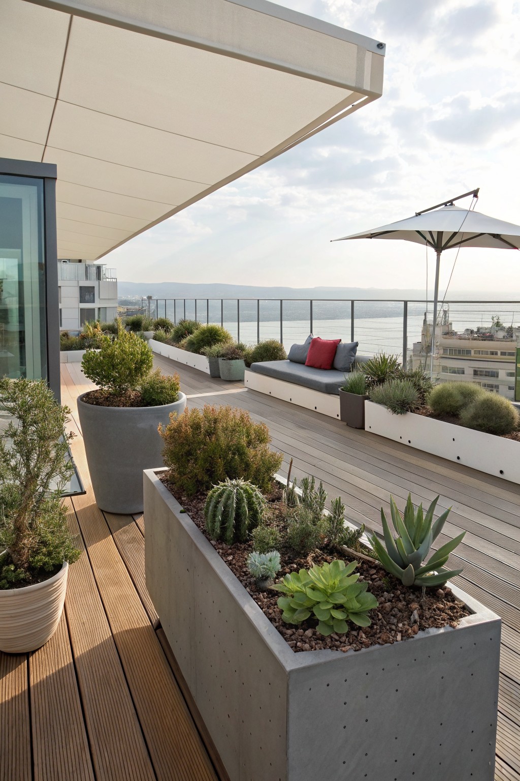 Rooftop terrace featuring wooden decking, large gray concrete planters with succulents and agaves, built-in bench with gray and red cushions along a glass railing, beige awning overhead, white umbrella, and view of lake and city buildings.