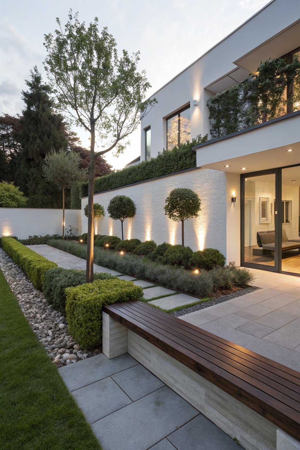 Modern white house facade with a linear gray stone pathway edged by boxwood shrubs, lavender plants, uplights, trees, and a wooden bench leading to a glass entry door in a landscaped front yard at dusk.
