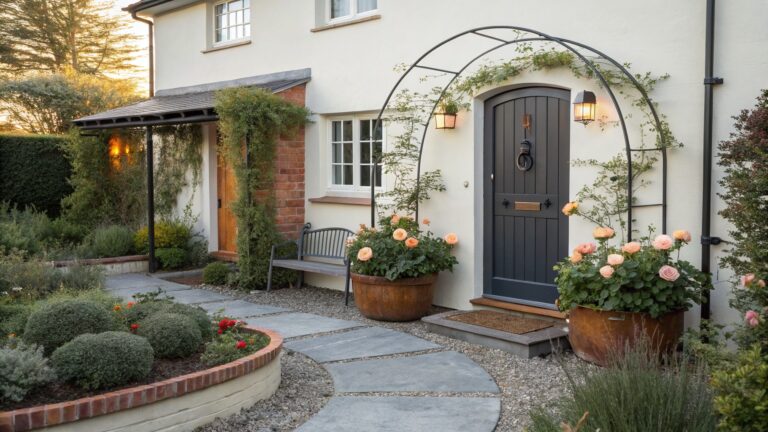 Beige stucco house exterior with dark vertical-plank arched wooden door in brick surround, metal archway overhead covered in pink climbing roses, curved gravel pathway edged in lavender and shrubs leading to the entrance, garden beds with flowers and bench nearby.