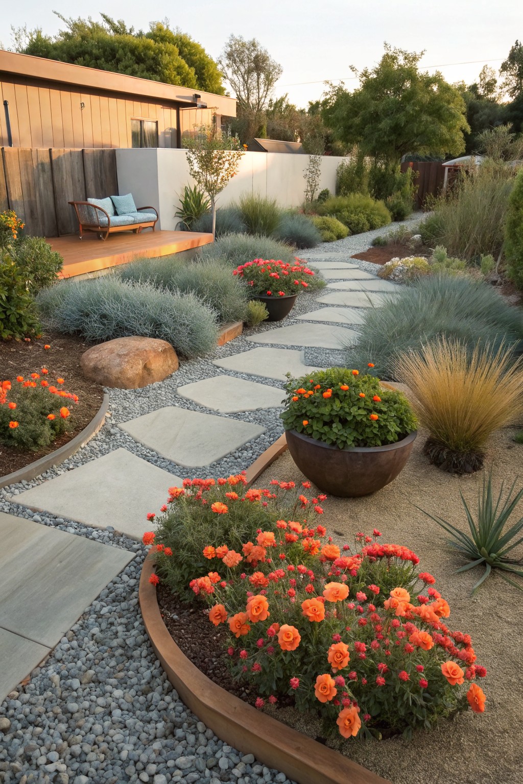 Winding path of irregular gray stone slabs set in gravel through a landscaped yard with orange flowers, blue-green grasses, large terracotta pot, boulder, and agave plants leading to a wooden deck and modern house.