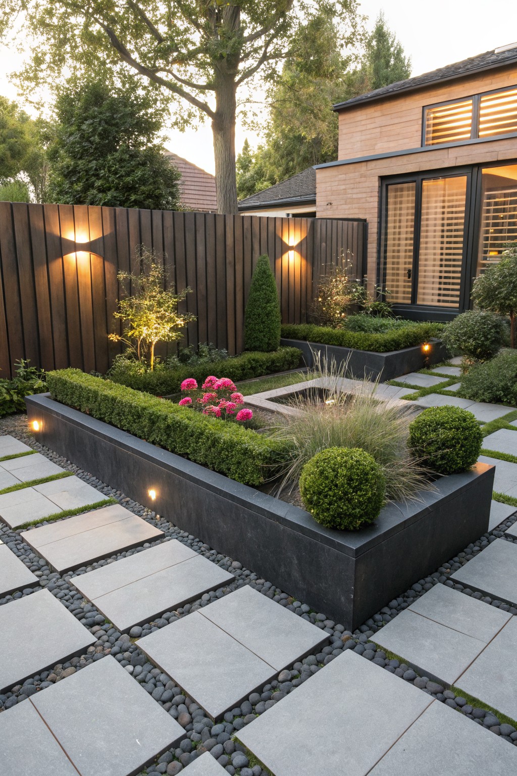 Raised black rectangular planters edged with clipped boxwood hedges containing pink roses, ornamental grasses, and shrubs, set in a paved backyard with pebble-filled gaps near a wooden fence and contemporary house.