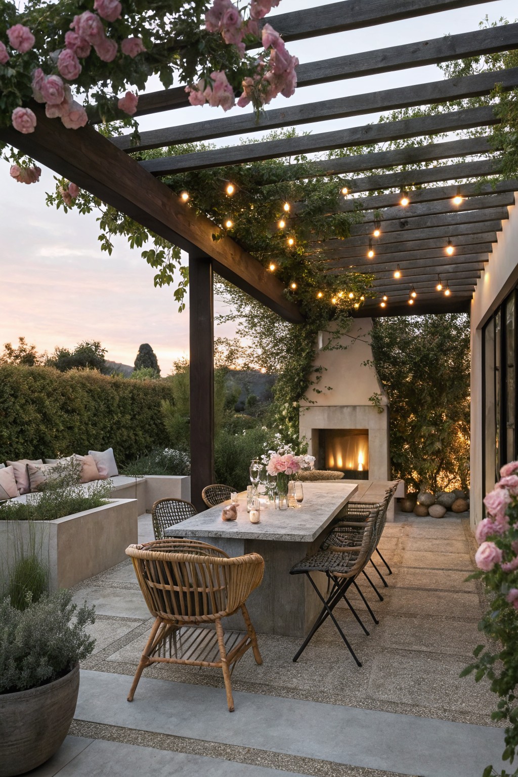 Wooden pergola covered in pink climbing roses and string lights over an outdoor dining area with a stone table, rattan chairs, built-in fireplace, bench seating, and potted plants on a gravel patio at dusk.