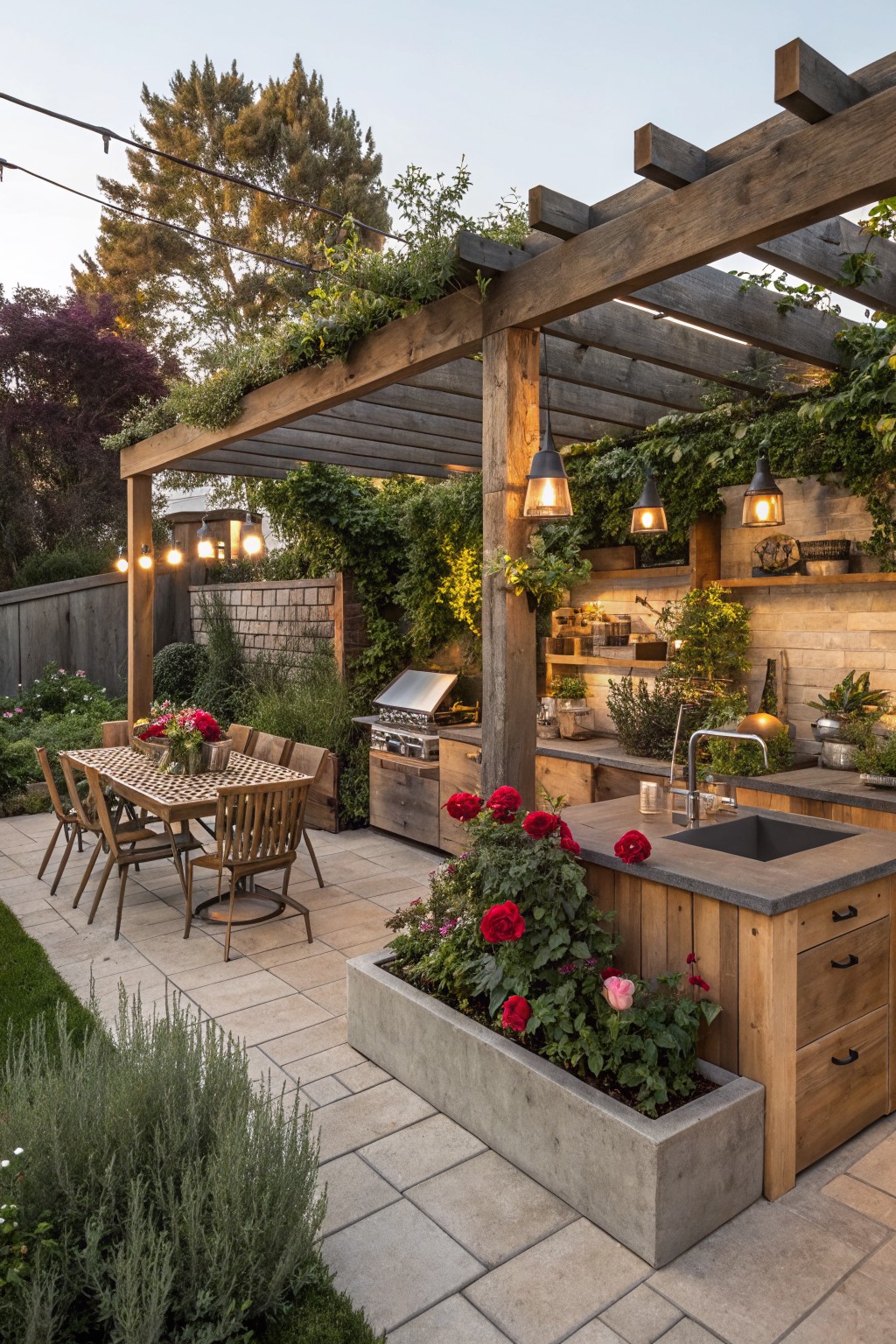 Wooden pergola draped with vines over an outdoor kitchen with wooden cabinets, black countertop sink, gas grill, adjacent dining table with wooden chairs, red roses in concrete planter box, string lights, potted plants on shelves, backyard patio with pavers and lawn.