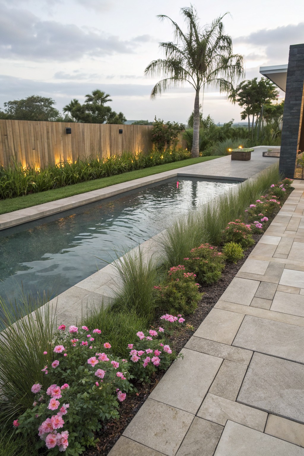 Narrow lap pool with dark water bordered by tall ornamental grasses and pink rose bushes along a stone tile pathway, wooden fence with uplights, fire pit, palm trees, and modern house wall in the background at dusk.