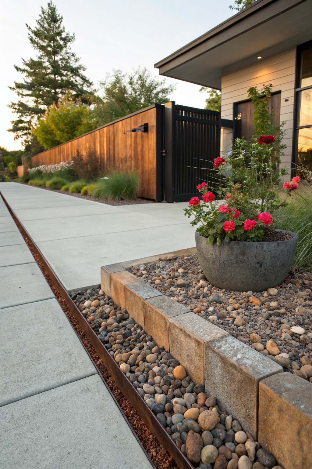 Concrete pathway with rusted metal edging filled with pebbles, large gray pot of red roses positioned at the edge, wooden fence gate, and modern house exterior in the background.
