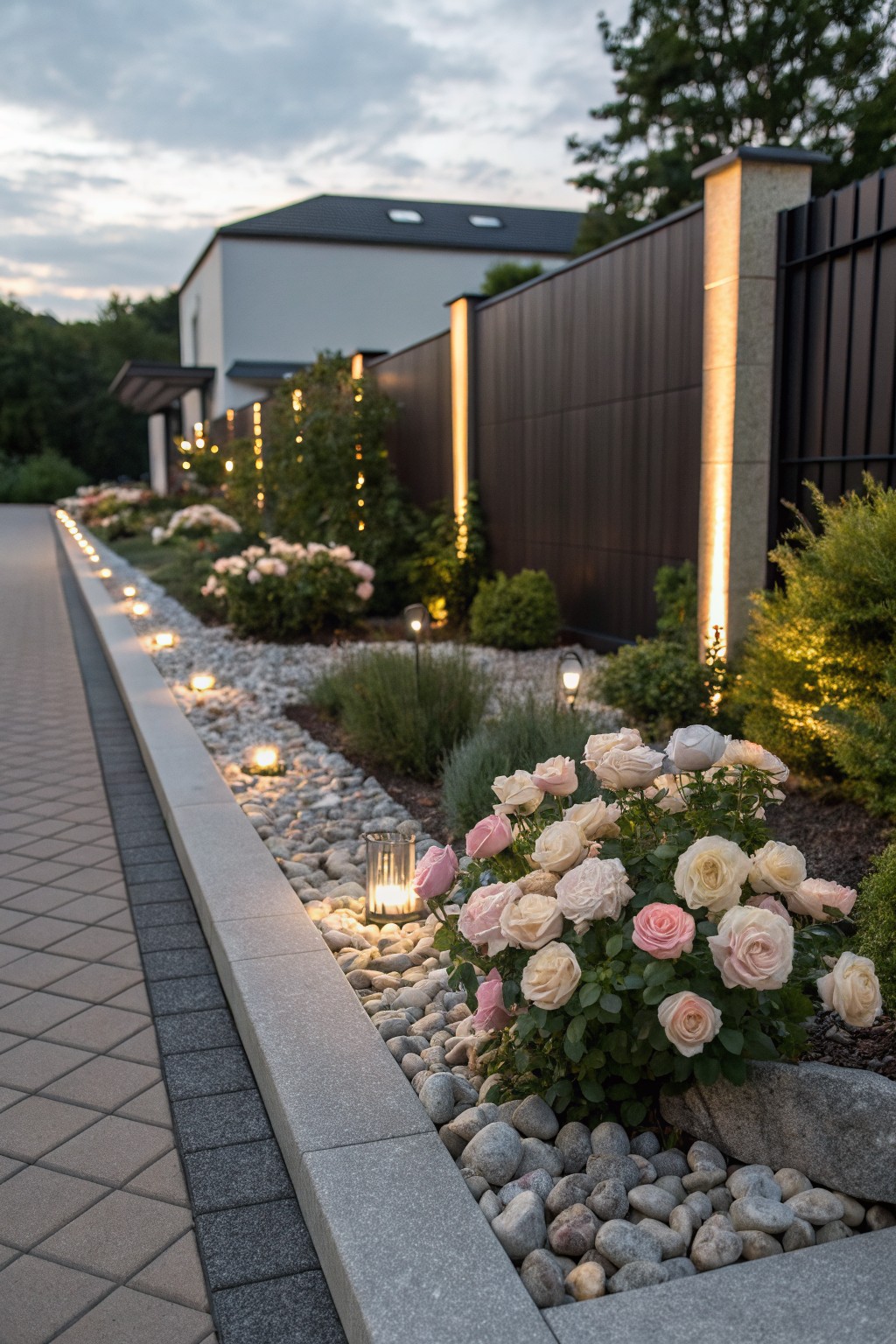 Driveway path bordered by landscaping beds with pink and white roses, white pebbles, low garden lights, dark wood fence with tall uplights, and white modern house in the background at dusk.