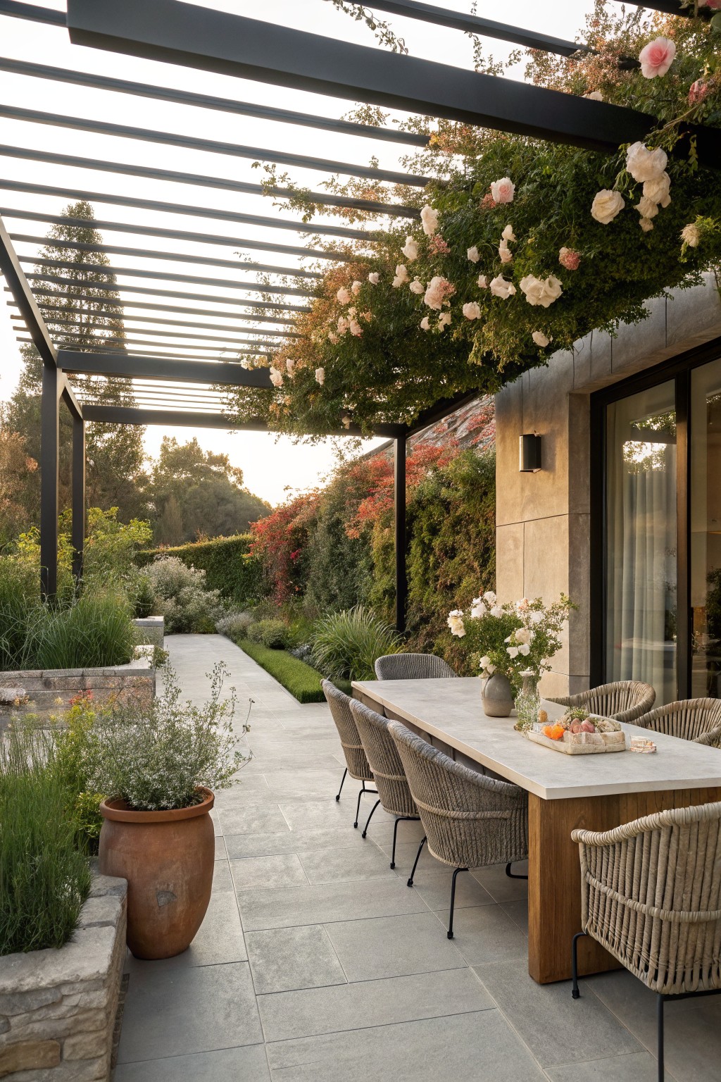 Outdoor dining patio under black metal pergola covered in pink climbing roses, featuring a rectangular wooden table with rattan chairs, vase of flowers, fruit tray, potted plants, stone pavers, and garden path with greenery.