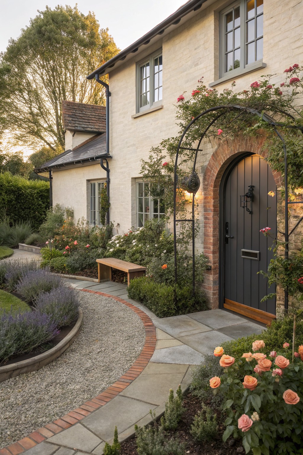 Beige stucco house exterior with dark vertical-plank arched wooden door in brick surround, metal archway overhead covered in pink climbing roses, curved gravel pathway edged in lavender and shrubs leading to the entrance, garden beds with flowers and bench nearby.