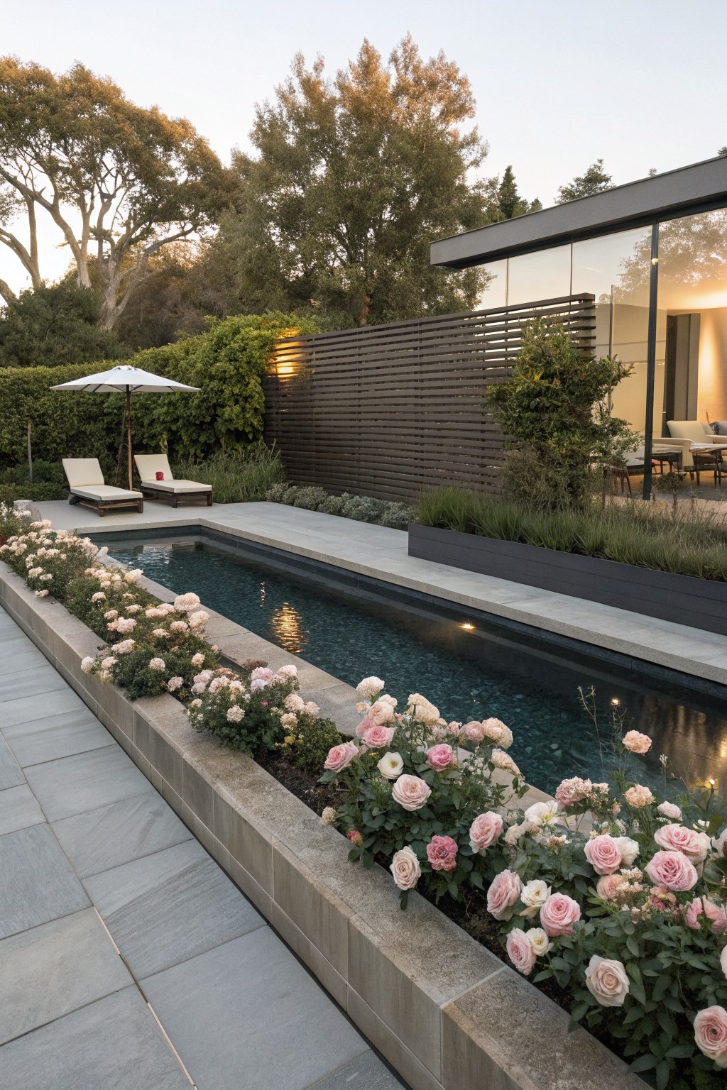 Narrow lap pool with raised concrete planters overflowing with pink roses along one edge, concrete deck, lounge chairs with umbrella nearby, wooden slat privacy screen, and modern glass house wall in the background.