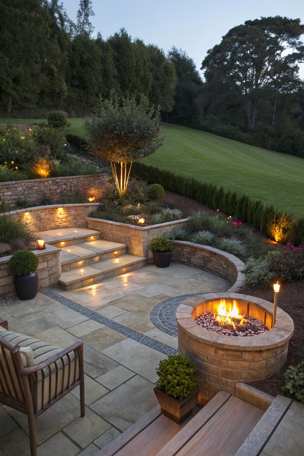 Terraced stone patio on a slope with illuminated steps, curved built-in fire pit with flames, potted plants, wooden chair, and landscape lighting at dusk.