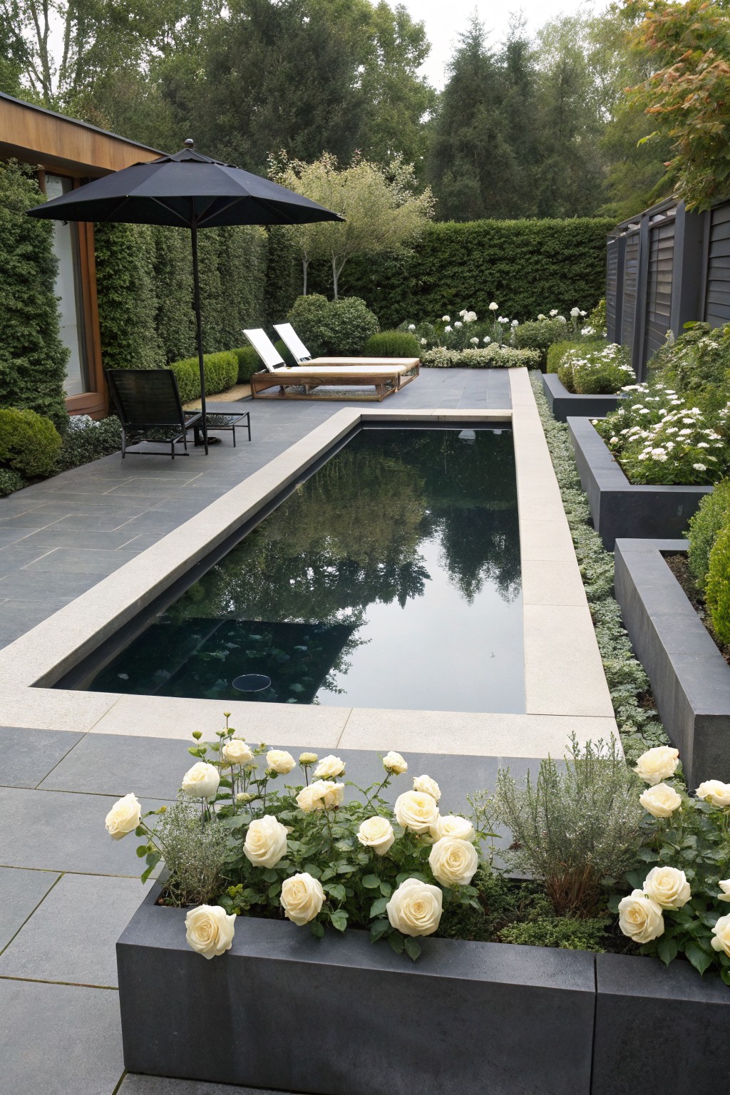 Narrow lap pool with dark water and stone edging surrounded by dark slate paving, large black rectangular planters filled with white roses and greenery along one side, lounge chairs with black umbrella nearby, hedges and trees in background.