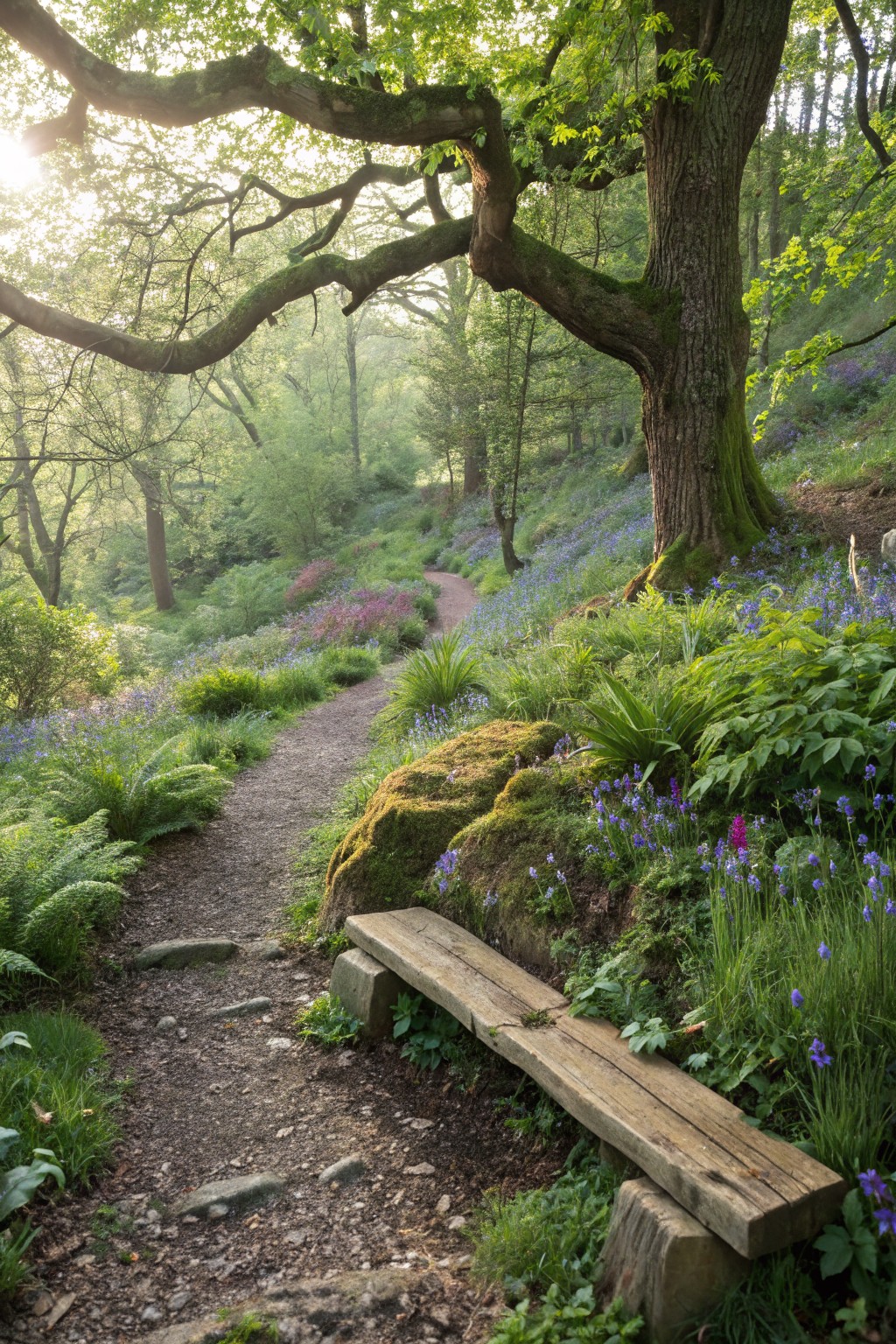 A gravel path winds through a lush woodland garden filled with bluebells, ferns, moss-covered rocks, and trees, with a rustic wooden bench positioned beside the path.