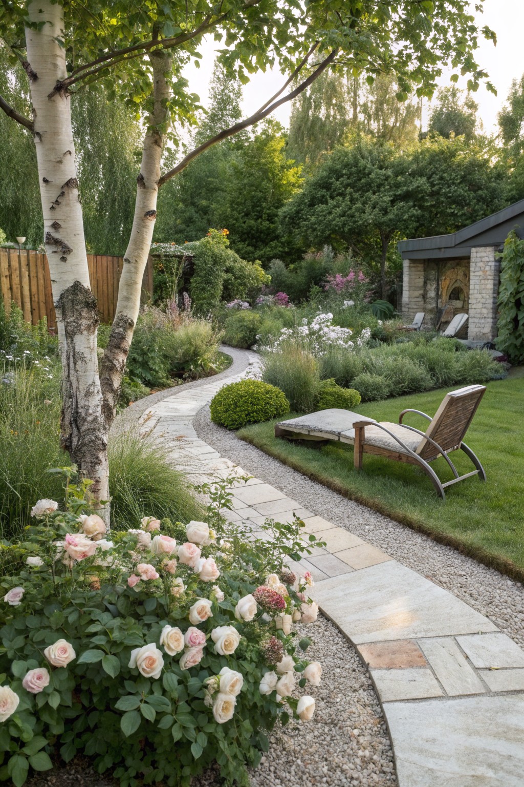A winding gray stone path edged with gravel curves through a lush garden with white birch trees, pink rose bushes, ornamental grasses, clipped shrubs, and a wooden lounge chair on a green lawn near a stone outbuilding.