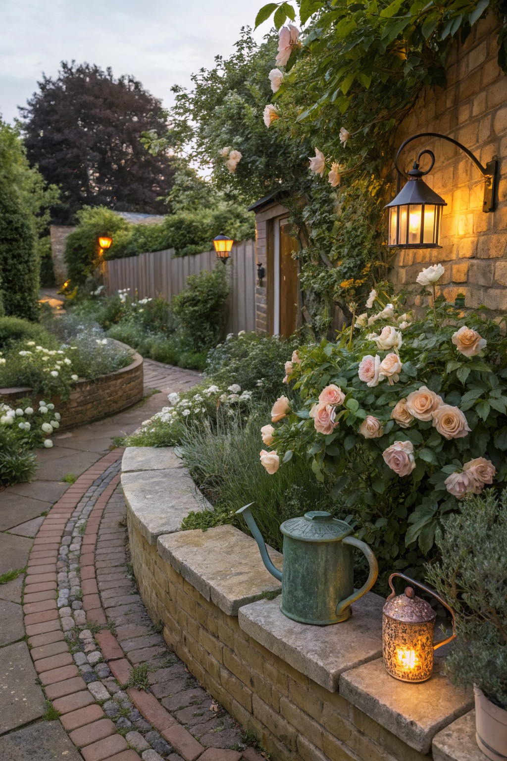 Curved brick pathway winding through garden beds planted with pink and white roses, flanked by stone walls, lanterns, and a green watering can.