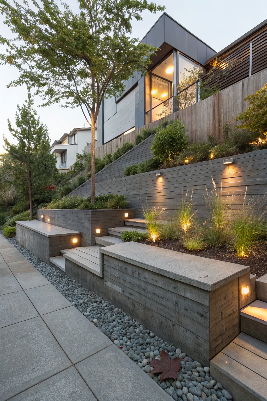 Gray concrete block retaining walls on a sloped yard with integrated concrete steps, recessed low-voltage lights, ornamental grasses in planting pockets, gravel path, and wood accents leading to a modern house.