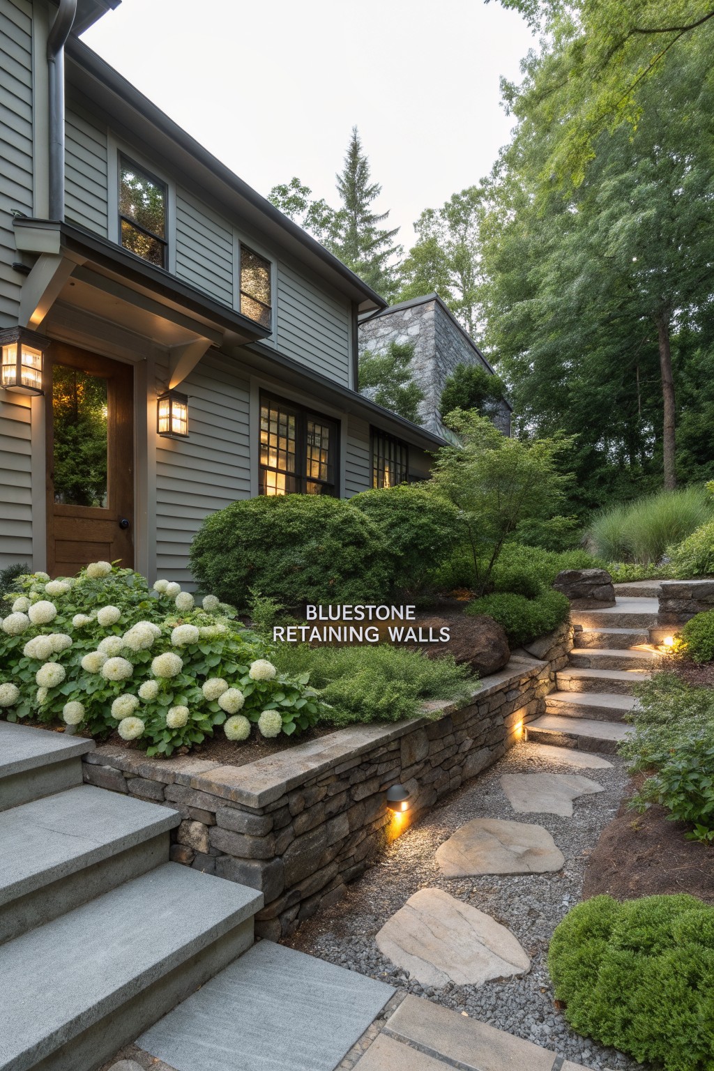 Gray shingle house with bluestone retaining walls, concrete steps, flagstone path through plantings, and low lights beside wooden front door in wooded yard.