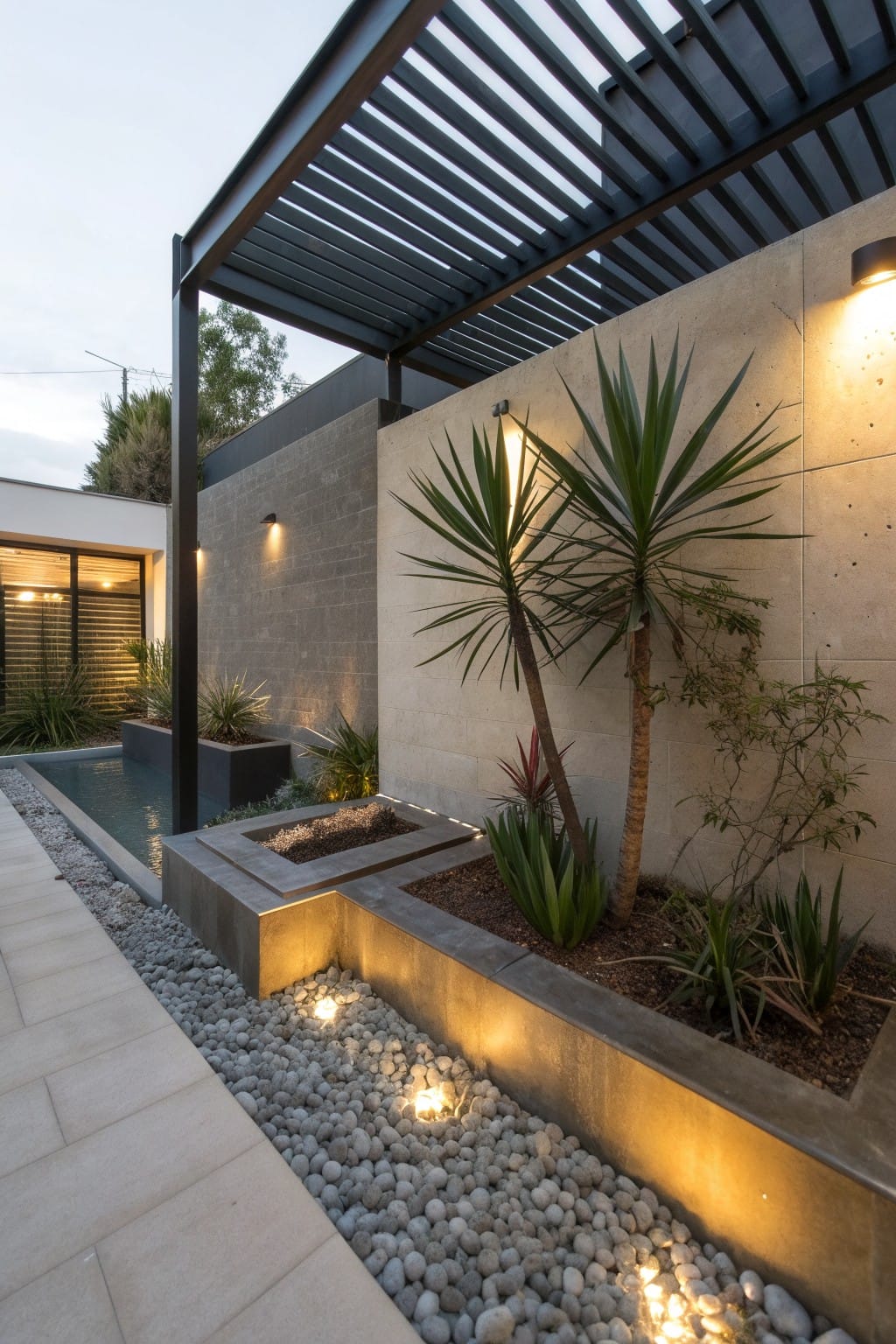 Modern outdoor courtyard with small rectangular pool, linear fire pit inset into concrete retaining wall planter holding yucca and agave plants, pebble stone pathway with uplights, textured concrete walls, and metal pergola overhead.