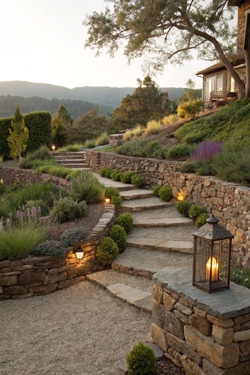 Winding flagstone steps with dry-stacked stone retaining walls on a hillside garden, featuring plants, lanterns, and a house in the background under evening light.