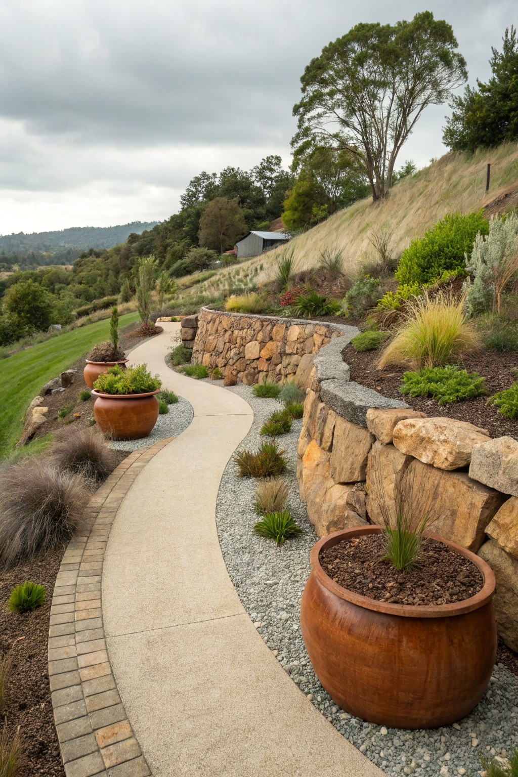 A winding concrete path curves uphill on a sloped hillside, bordered by curved dry-stacked rock retaining walls with plants, grasses, shrubs, and large terracotta pots.