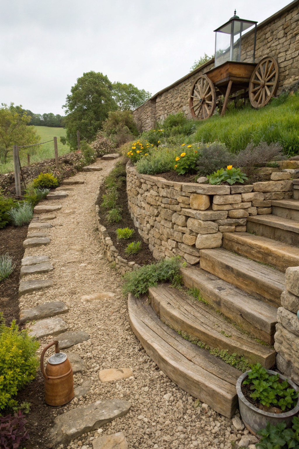 Winding gravel path flanked by dry-stacked stone retaining walls and wooden steps on a terraced hillside garden with plants, a wooden cart planter mounted on the wall, and a copper watering can nearby.