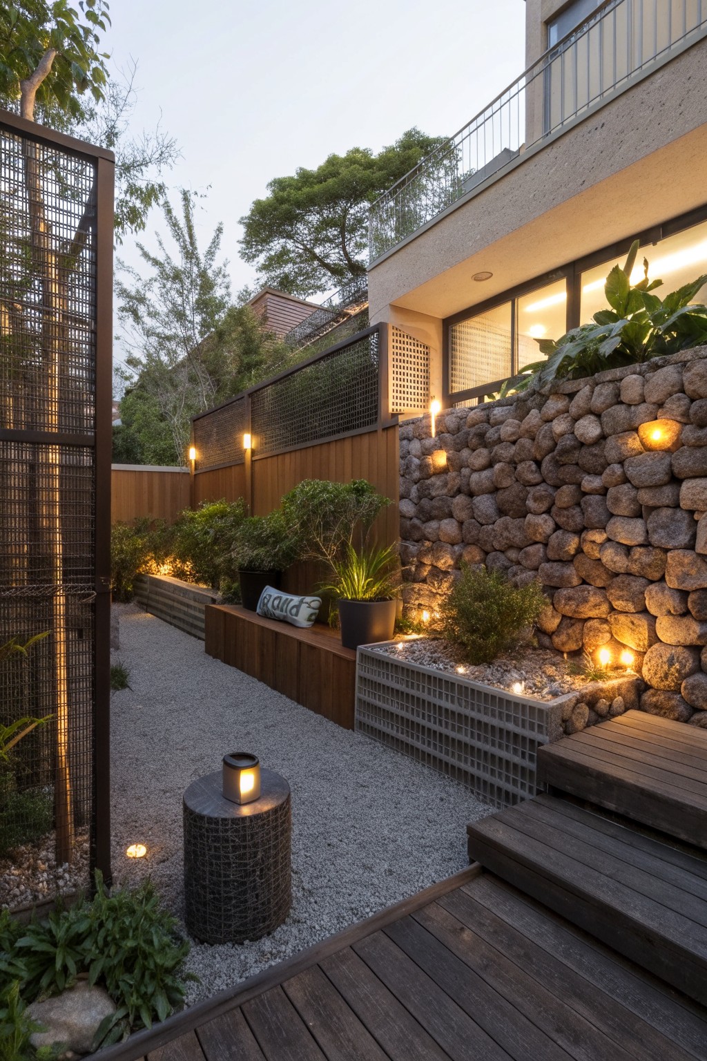 Sloped garden path with tall irregular boulder retaining wall on one side, integrated lighting, gravel ground cover, wooden bench planters, low plants, and steps to a deck beside a contemporary house.