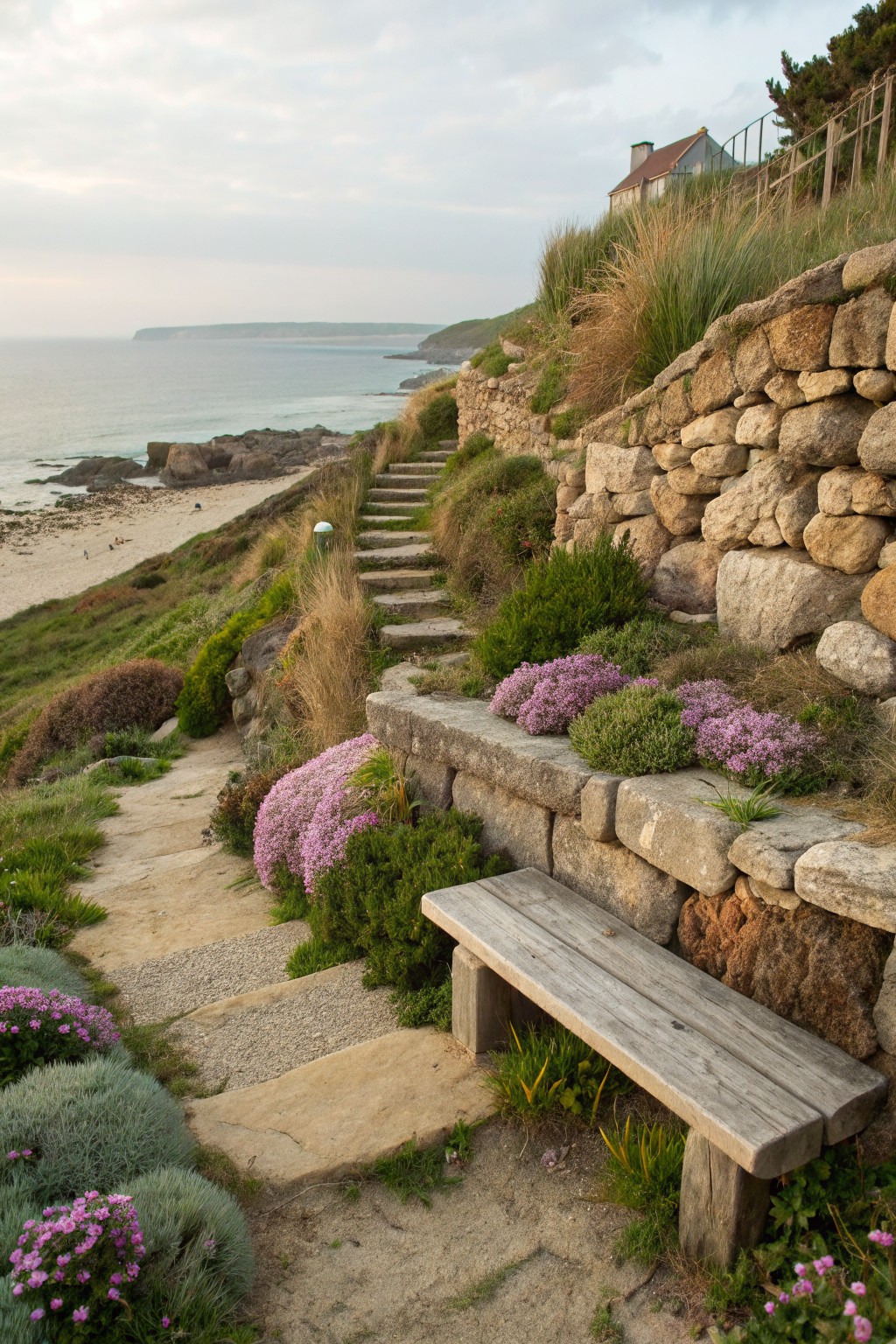 Stone retaining wall with embedded steps, pink flowering plants, grasses, and a wooden bench on a grassy coastal slope overlooking the ocean, with a house uphill.