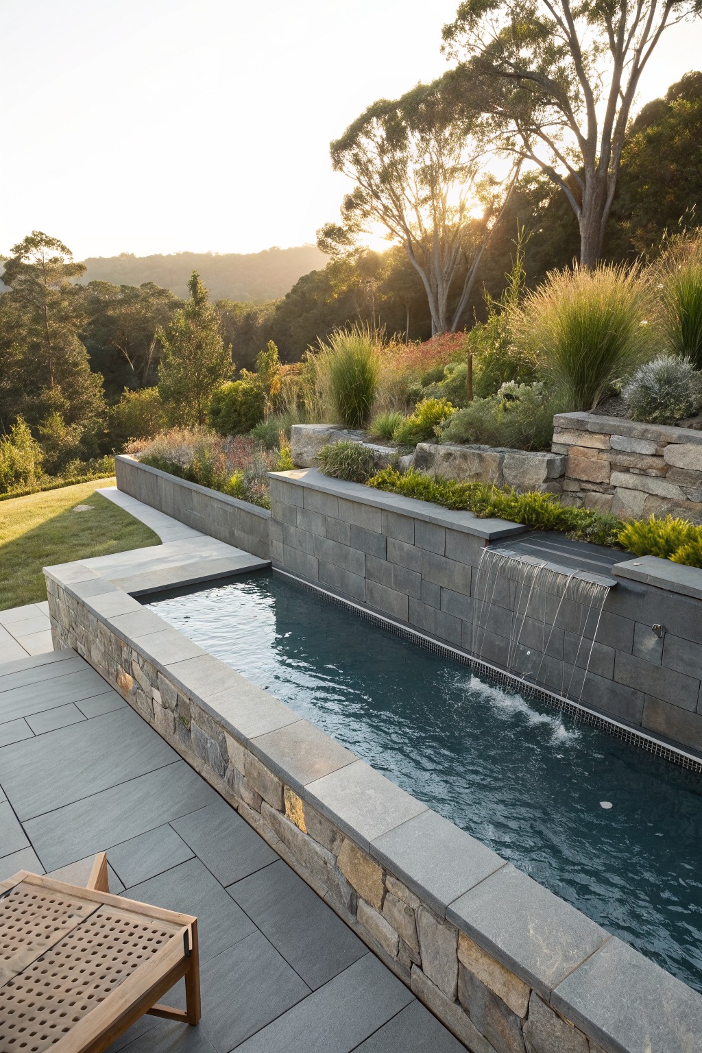 Narrow rectangular pool with dark blue water and waterfall cascading from a tall slate block retaining wall, bordered by stone walls, pavers, plants, and trees on a hillside.