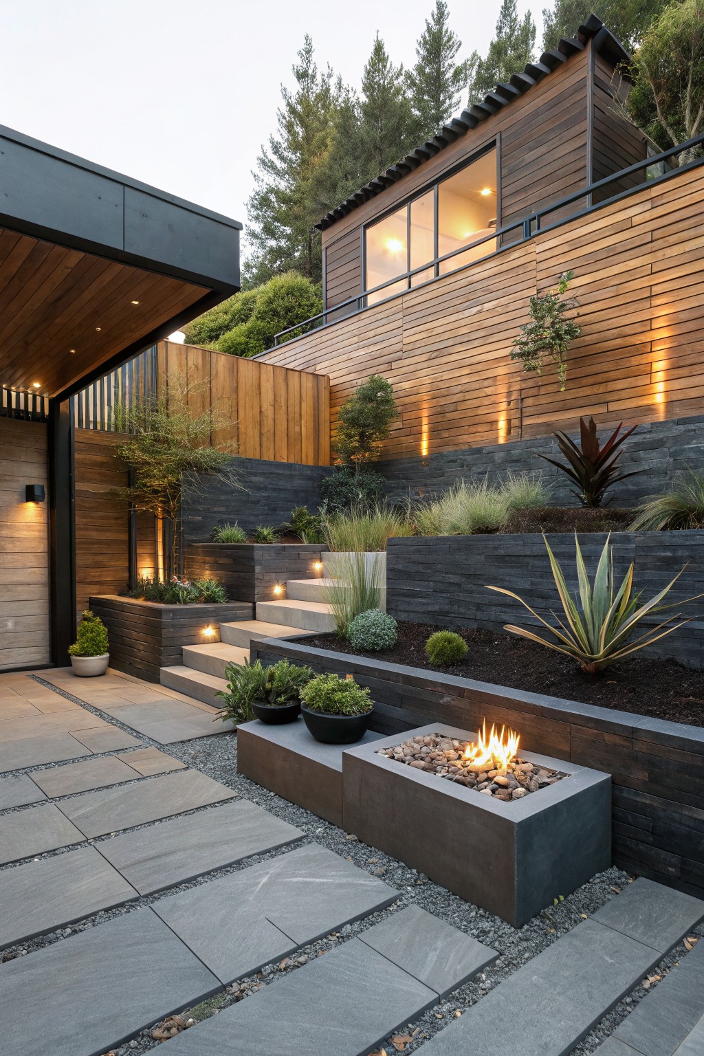 Sloped backyard with tiered dark stone retaining walls holding back soil and plants like agaves and grasses, concrete steps, potted greenery, metal fire pit on paver patio, and adjacent wooden house structure.
