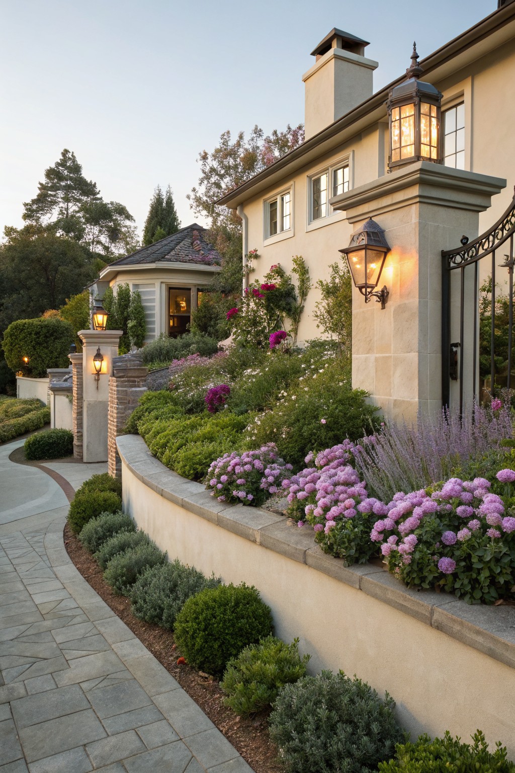 Curved beige stone retaining wall topped with clusters of pink and purple flowers, lavender shrubs, boxwood hedges, and other plants along a winding gray paver pathway near a stucco house exterior with lanterns and a wrought-iron gate.