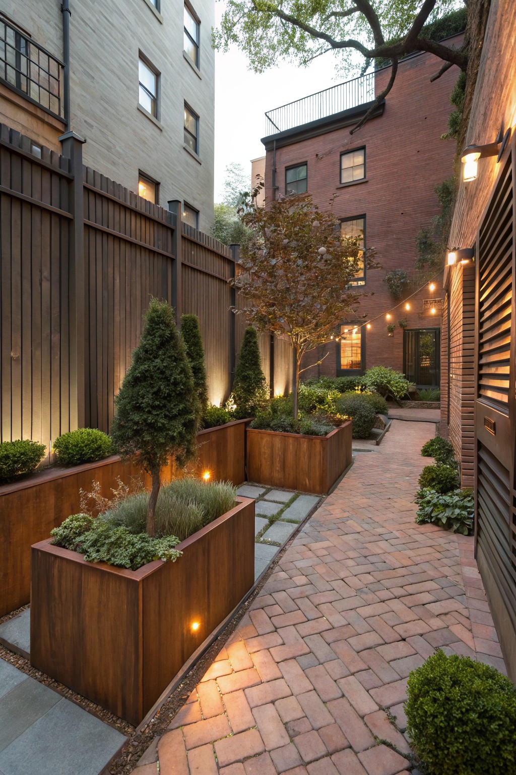 Narrow backyard pathway of brick pavers lined with tall raised wooden planters containing grasses, shrubs, and small trees, bordered by fences and brick buildings with string lights and wall fixtures.
