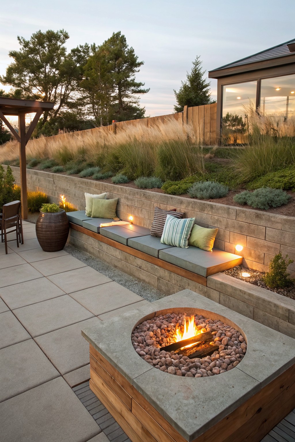 Concrete retaining wall with integrated bench seating and cushions along a paver patio, surrounded by planted beds, a central fire pit, potted plants, and landscape grasses under evening light.