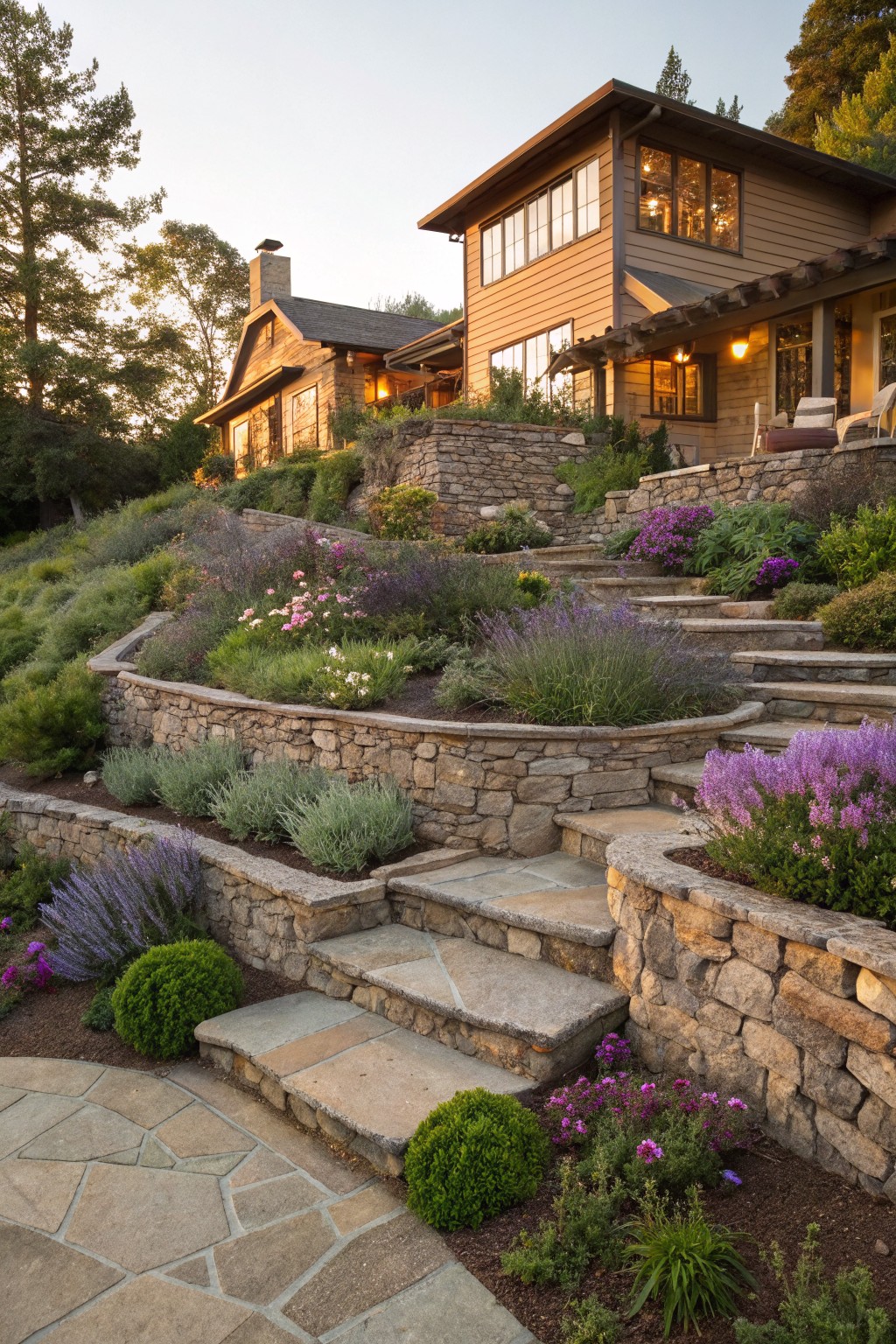 Sloped landscape with multiple dry-stacked stone retaining walls forming terraced flower beds planted with lavender, pink flowers, and shrubs, stone steps ascending to a wooden house backed by trees at dusk.