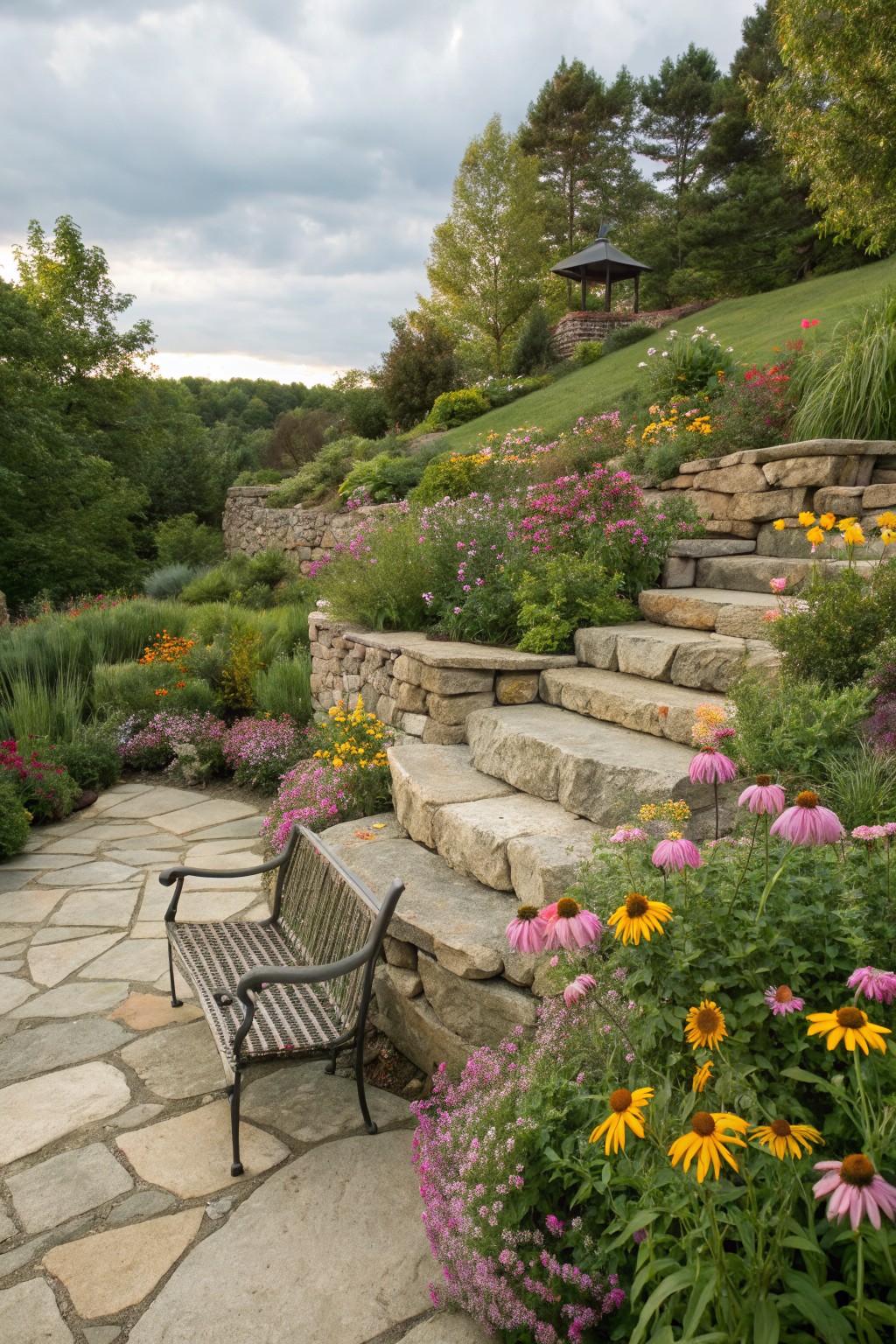 Wide stone steps integrated into dry-stacked retaining walls overflowing with pink coneflowers, yellow black-eyed Susans, and other perennials, with a metal bench on a flagstone path at the base amid green foliage and trees on a hillside.