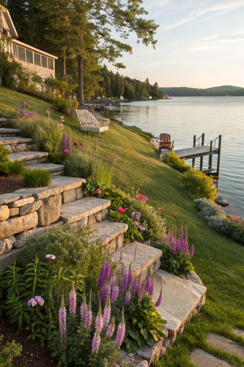 Stone retaining walls forming terraced steps planted with purple and pink flowers descending a grassy slope to a wooden dock on a lake, with a white swing seat nearby and a shingled house uphill.