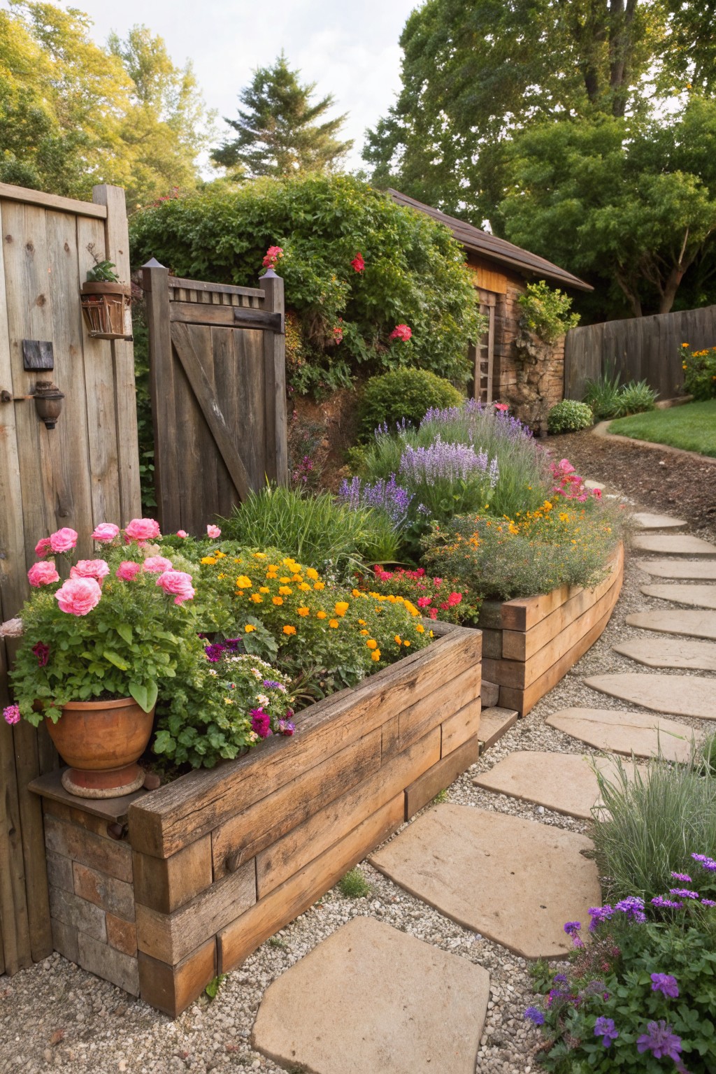 Curved wooden raised planter beds overflowing with pink roses, orange marigolds, purple lavender, and other flowers line a flagstone path in a backyard garden next to a wooden gate and surrounding greenery.