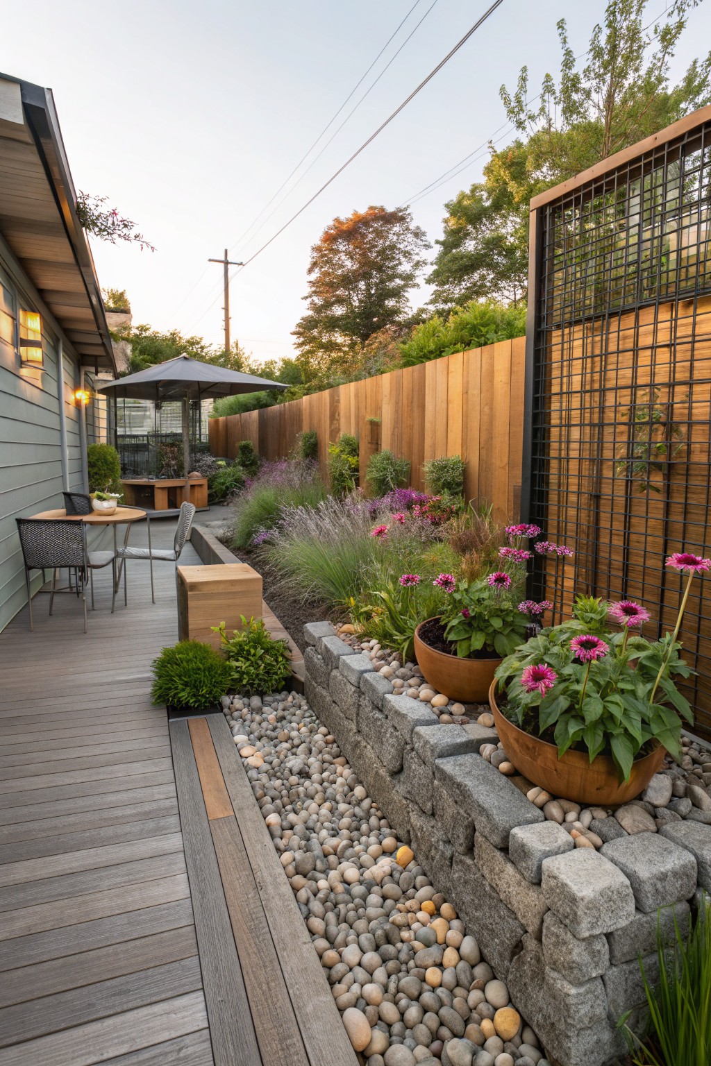 Wooden deck with chairs and table next to a low stacked stone retaining wall filled with gravel and edged with potted plants and flower beds of pink daisies, lavender, and grasses, beside a wooden fence and greenery.