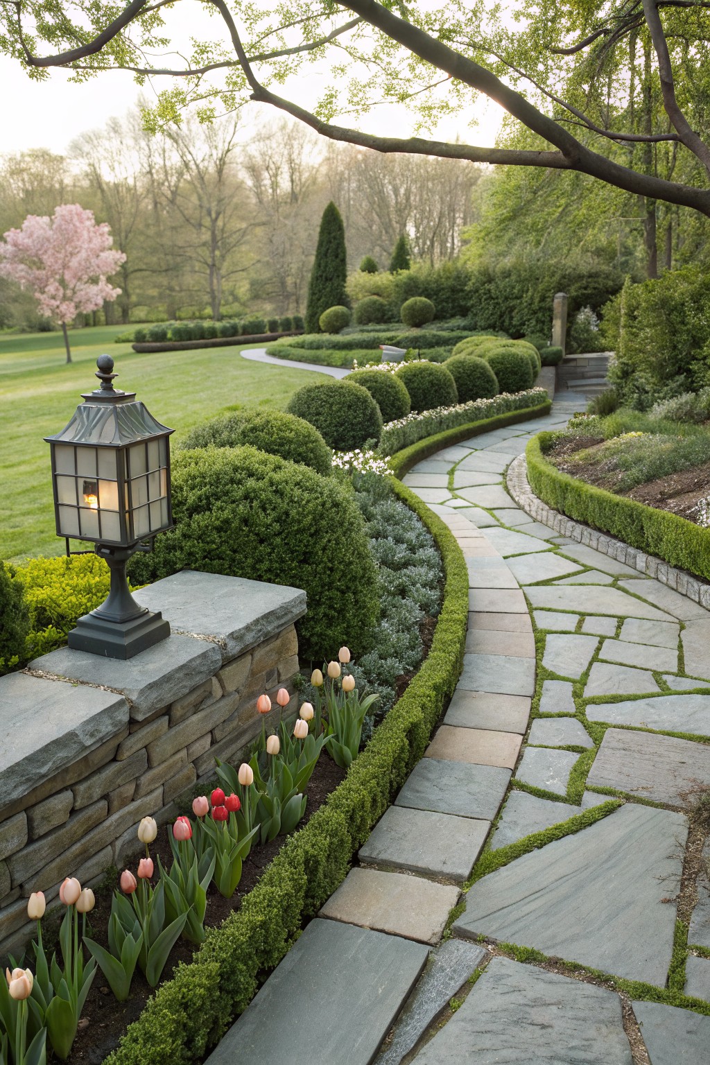 Low dry-stacked stone retaining wall with a metal lantern on top, planted at the base with pink and red tulips in soil bordered by low boxwood shrubs, next to a curving flagstone path edged in greenery.