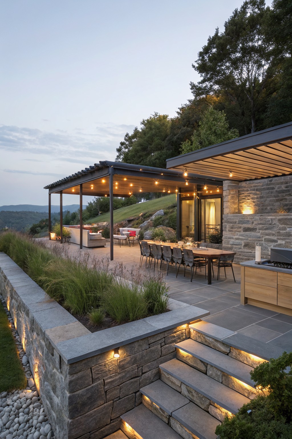 Stone retaining wall topped with tall grasses borders a patio with dining table, chairs, pergola strung with lights, grill cabinet, and lit steps leading to a lawn on a hillside.