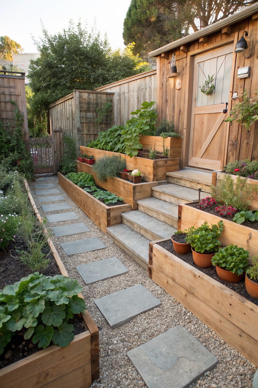 Sloped backyard garden featuring tiered wooden raised planter beds filled with green vegetables, herbs, and flowers, a gravel path with stone pavers, concrete steps leading to a wooden shed door.