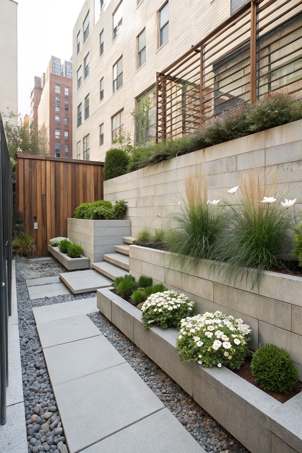 Modern urban garden with stone steps, planters, flowers, and wooden fencing.